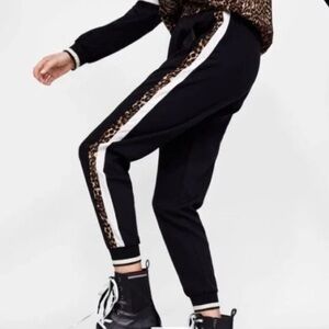 Zara Black Jogger Trousers with Side Leopard and White Strip.